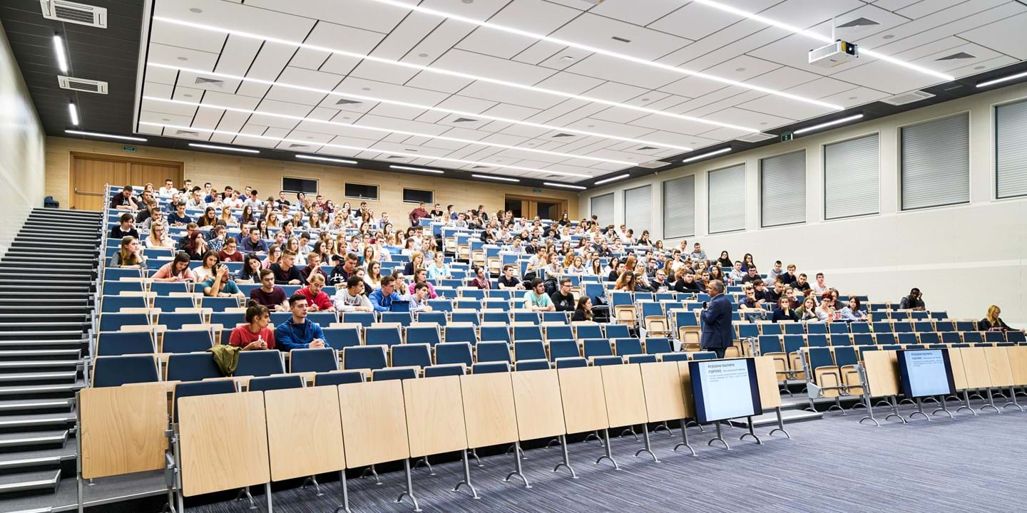 New Zealand university lecture hall with international students